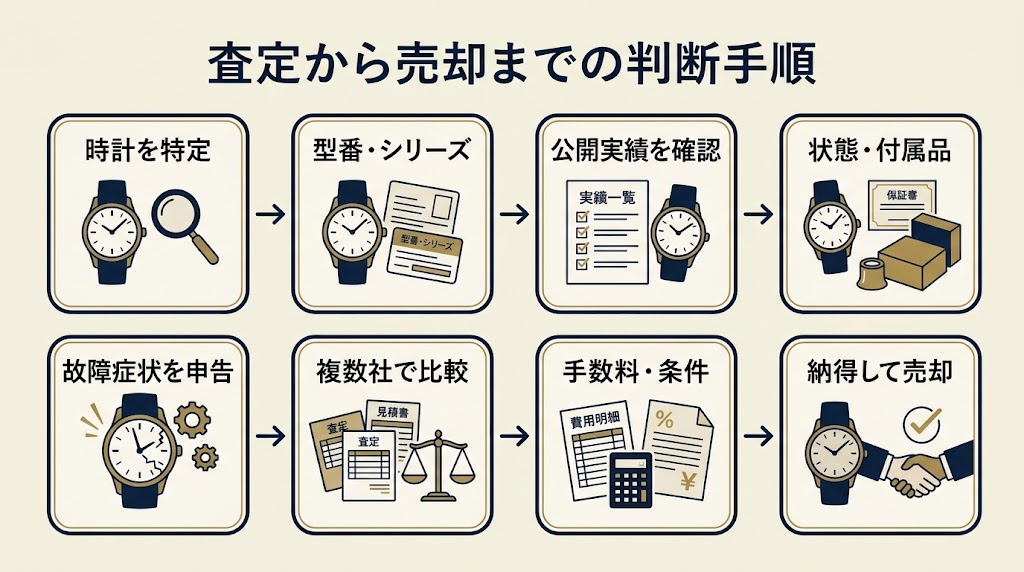 カルティエ時計の査定から売却までを俯瞰する、左から右へ進む横長の手順図
