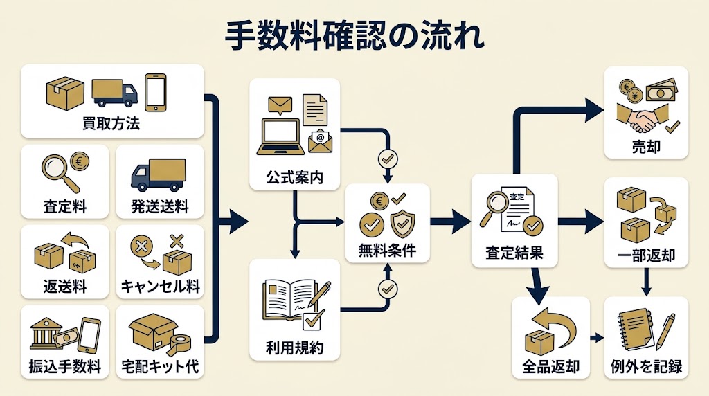 ブランド品買取の手数料を申し込み前から査定後まで確認する流れを、横長のインフォグラフィック