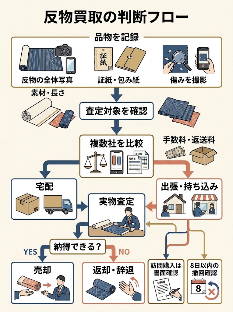 反物を売るまでの判断と手順を俯瞰できる縦長インフォグラフィック