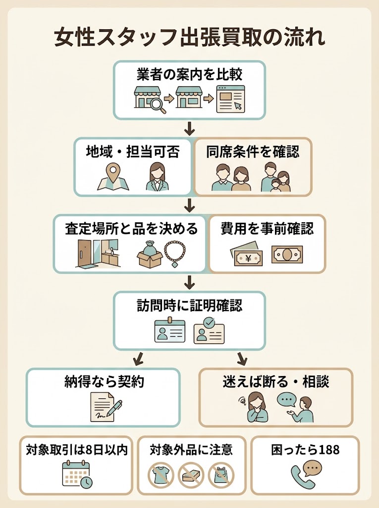 女性スタッフ出張買取の流れ