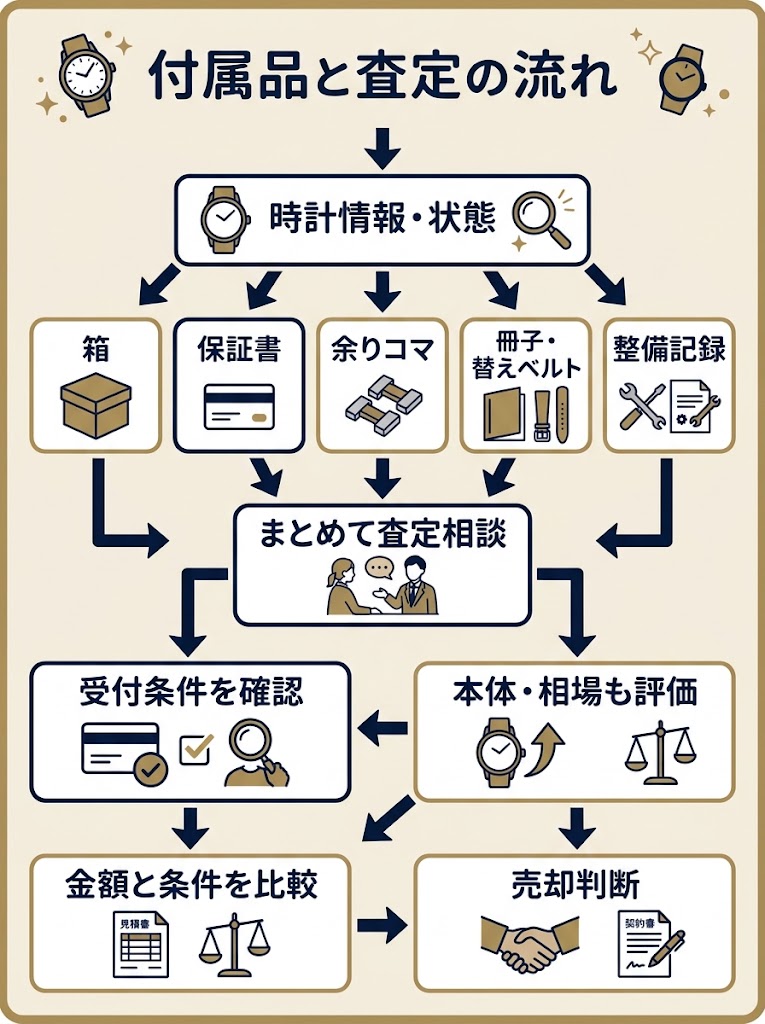時計を売る前の確認から査定後の判断までを俯瞰できる、縦長の判断フロー図