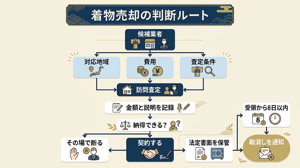 着物の出張買取を申し込む前から契約後までを俯瞰できる、横長の判断フローダイアグラム