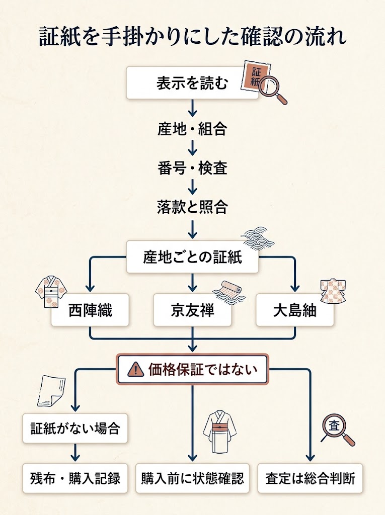着物の証紙を確認してから購入・査定へ進む判断の流れを示す縦長インフォグラフィック