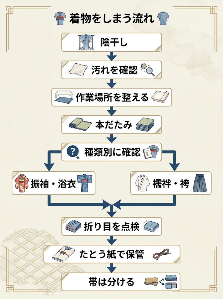 着物をしまうまでの判断と作業を俯瞰できる、縦長の手順フローチャート