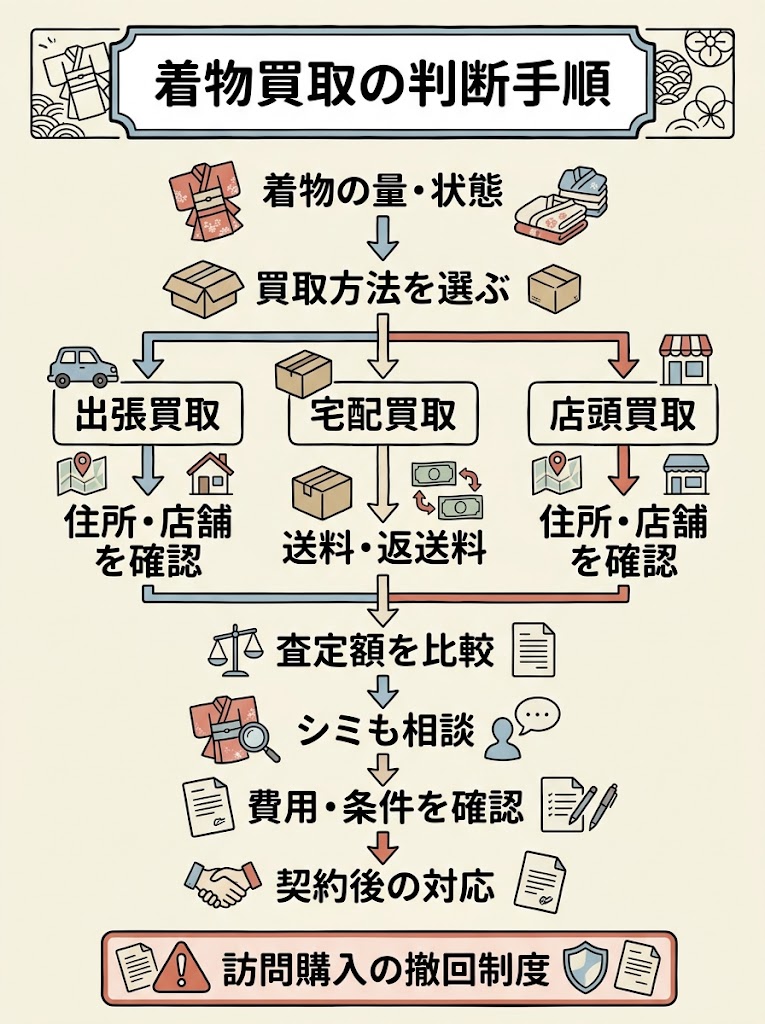 着物買取を申し込む前の判断手順を俯瞰できる縦長のインフォグラフィック