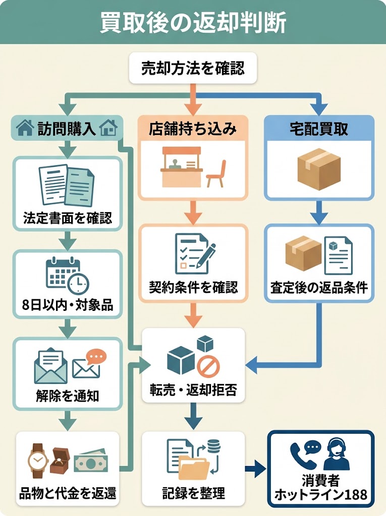 買取後の返却要求について、取引方法の確認から次の対応までを俯瞰できる縦長の判断フローチャート